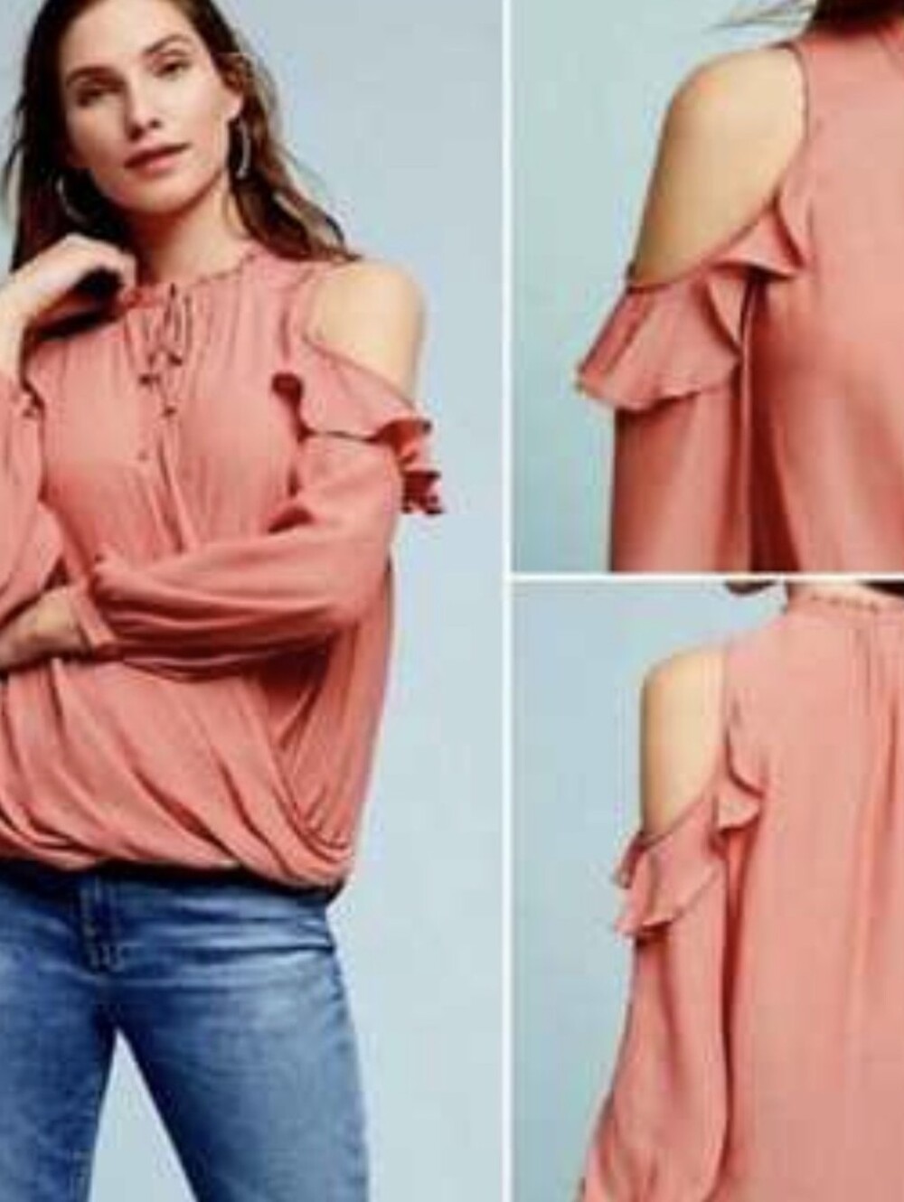 Maeve Anthropologie Liesel Cold-Shoulder Ruffle Blouse Coral Petite XS